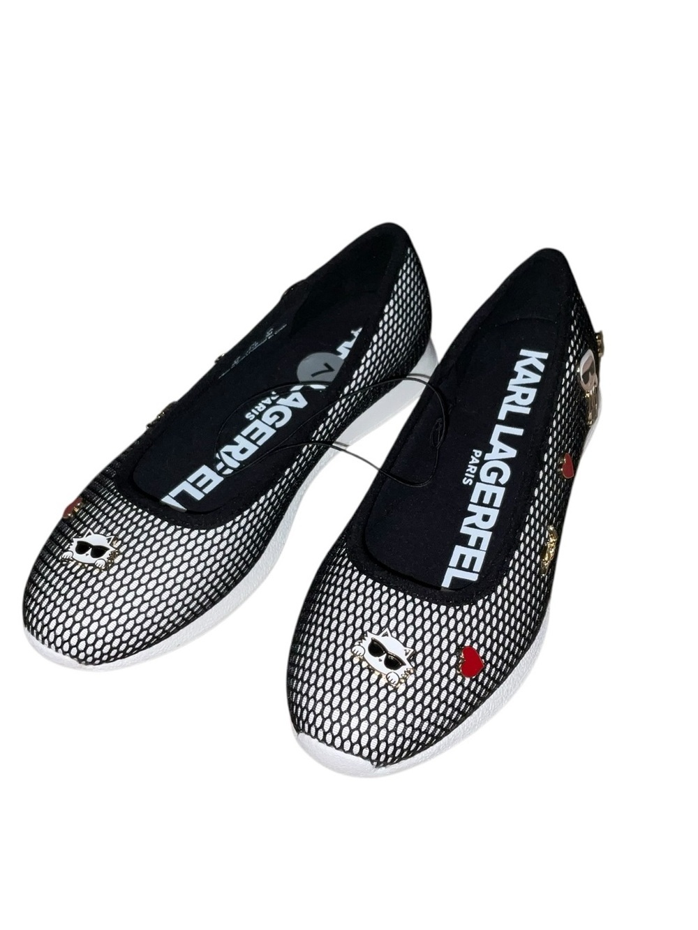 Karl Lagerfeld Black Mesh Slip-On Flats with Red Heart and Gold Accents - Picture 2 of 6
